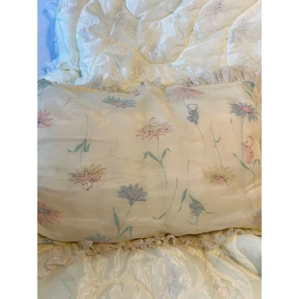 Vintage Yellow Floral Cherub Baby Comforter and Pillow Set Ruffle Lace Trim